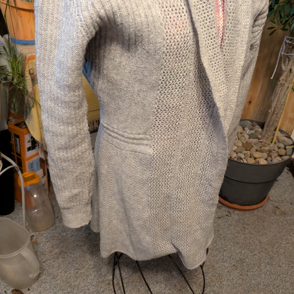 Grey Heathered Ribbed Fitted Waist Mesh Shawl Collar Open Frt Cardigan Sz 12/14